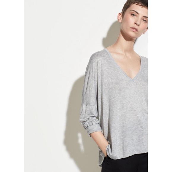 Vince Heather Grey Drop Shoulder V-Neck Long Sleeve Top